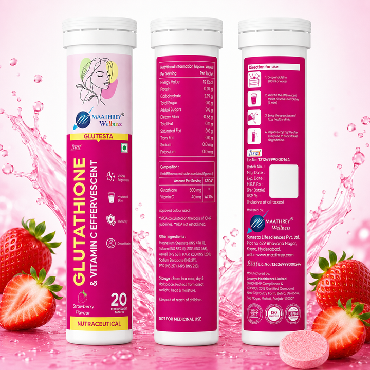 GLUTESTA Glutathione & Vitamin C Effervescent Tablets – For Skin Wellness, Antioxidant & Immunity Support