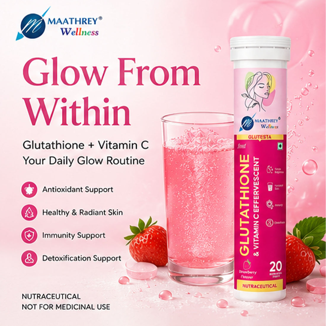 GLUTESTA Glutathione & Vitamin C Effervescent Tablets – For Skin Wellness, Antioxidant & Immunity Support