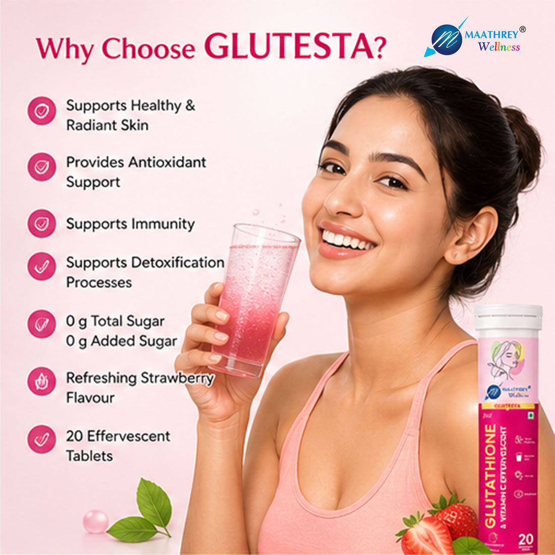GLUTESTA Glutathione & Vitamin C Effervescent Tablets – For Skin Wellness, Antioxidant & Immunity Support